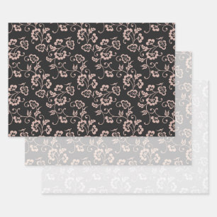 Pink Floral Pattern on Black, Grey & White Wrapping Paper Sheet