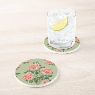 Pink Floral Pattern on Green Background Seamless Coaster