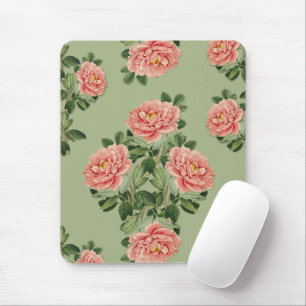 Pink Floral Pattern on Green Background Seamless Mouse Pad