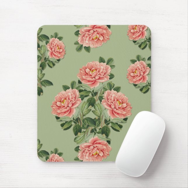 Pink Floral Pattern on Green Background | Seamless Mouse Pad (With Mouse)