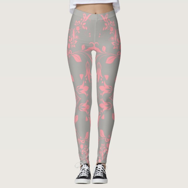 Pink Floral Pattern on Grey Women's Workout Leggings (Front)