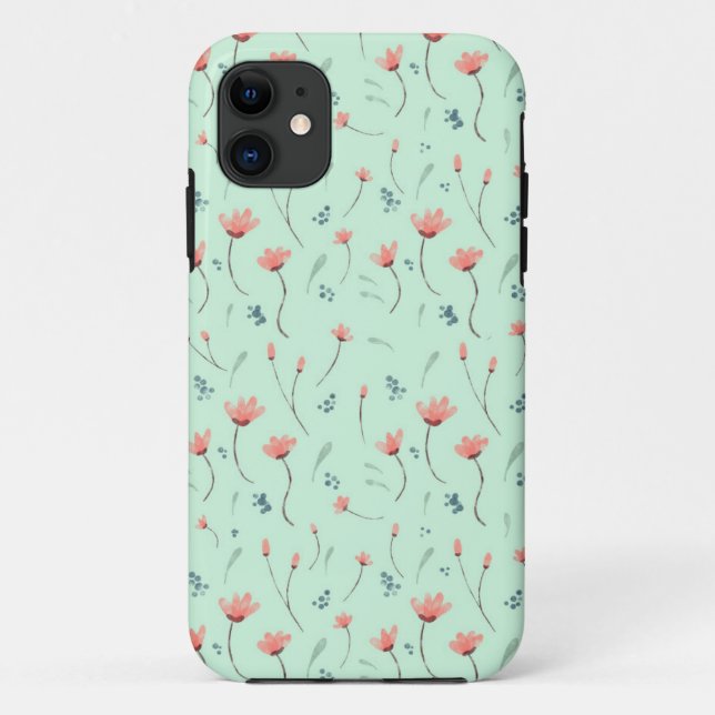 pink floral pattern on mint green Case-Mate iPhone case (Back)