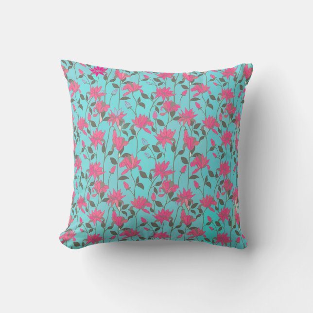 Pink Floral Pattern on Teal Throw Pillow (Front)
