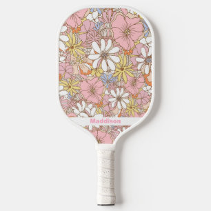 Pink Floral Pattern Personalised Name Cute Pickleball Paddle