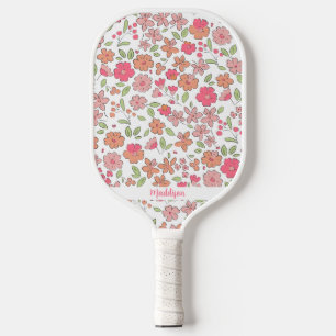 Pink Floral Pattern Personalized Name Cute Pickleball Paddle