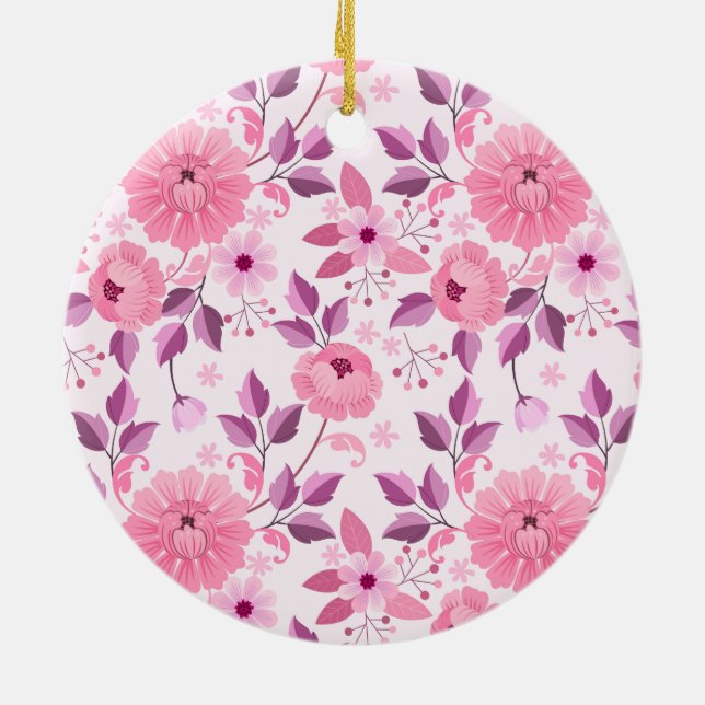 Pink Floral Pattern with Elegant Blossoms Ceramic Ornament (Back)