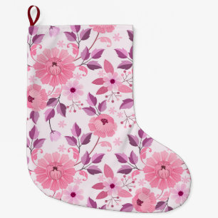 Pink Floral Pattern with Elegant Blossoms Large Christmas Stocking