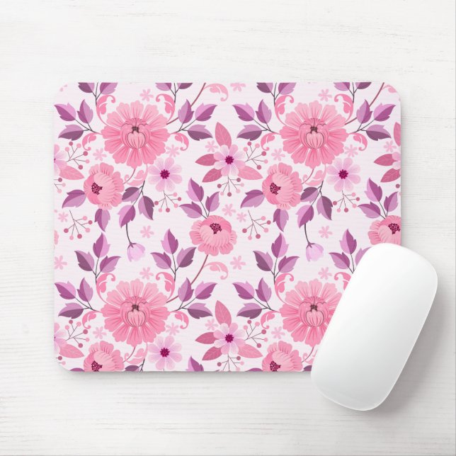 Pink Floral Pattern with Elegant Blossoms Mouse Pad (With Mouse)