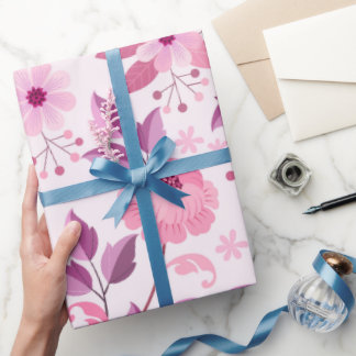 Pink Floral Pattern with Elegant Blossoms Wrapping Paper