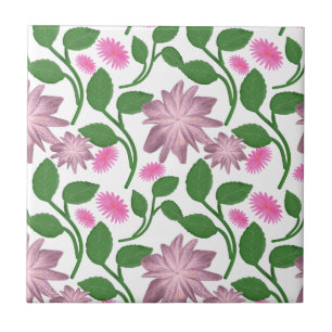 Pink floral pattern with green leaves ceramic tile