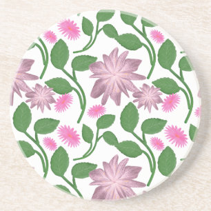 Pink floral pattern with green leaves coaster