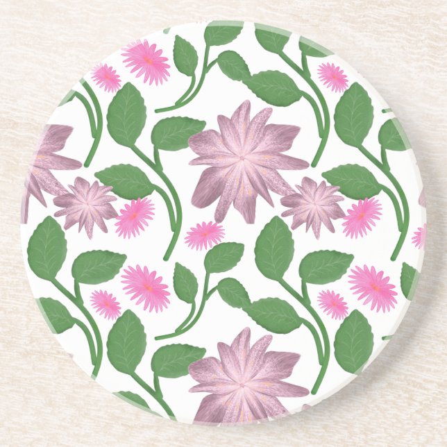 Pink floral pattern with green leaves  coaster (Front)