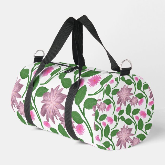 Pink floral pattern with green leaves  duffle bag (Left Corner)