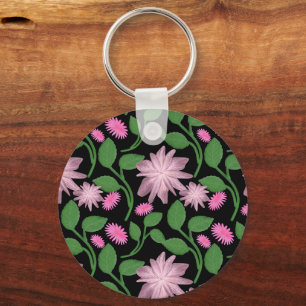 Pink floral pattern with green leaves key ring