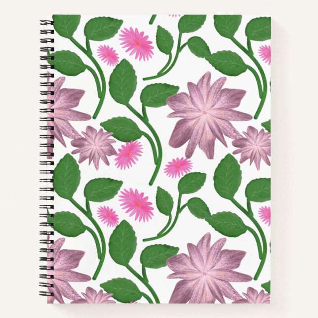 Pink floral pattern with green leaves  notebook (Front)