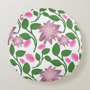 Pink floral pattern with green leaves round cushion