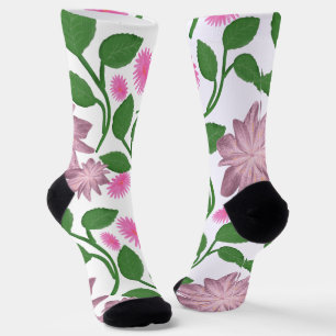 Pink floral pattern with green leaves socks