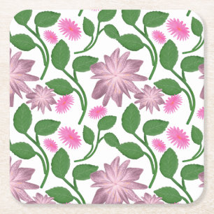 Pink floral pattern with green leaves square paper coaster