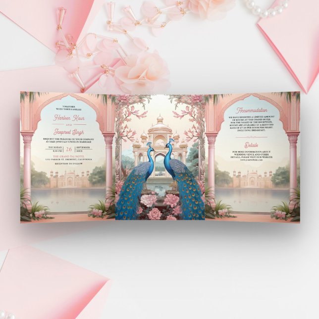 Pink Floral Peacocks Royal Indian Palace Wedding Tri-Fold Invitation (Creator Uploaded)