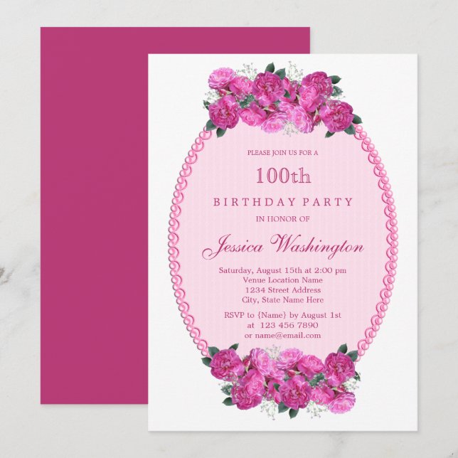 Pink Floral Pearls & Lace 100th Birthday Invitation (Front/Back)