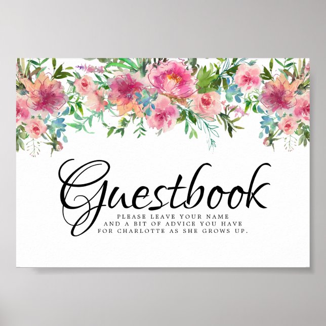Pink Floral  Peoney Christening Guestbook Sign (Front)