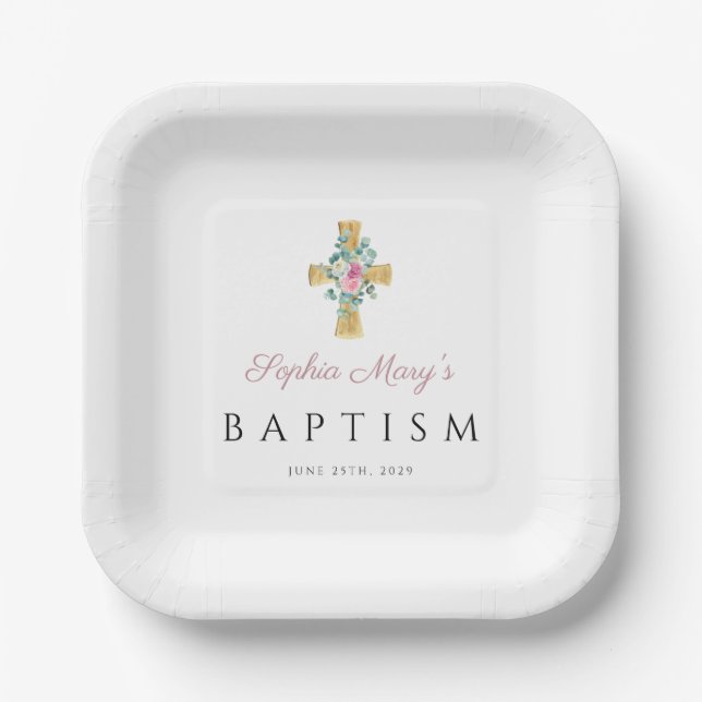 Pink Floral Peonies Cross Baptism Invitation Paper Plate (Front)
