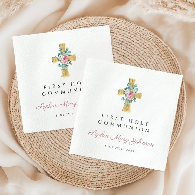 Pink Floral Peonies Cross First Communion  Napkin (Pink Floral Peonies Cross First Communion Napkins)