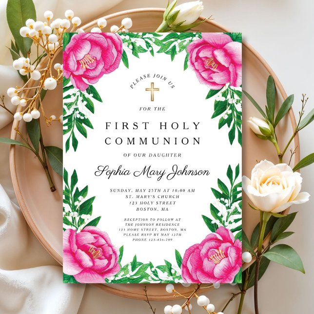 Pink Floral Peonies Religious First Communion Invitation (Pink Floral Peonies Religious First Communion Invitation)