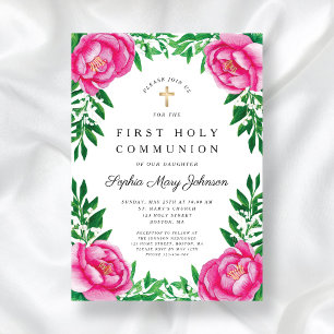 Pink Floral Peonies Religious First Communion Invitation