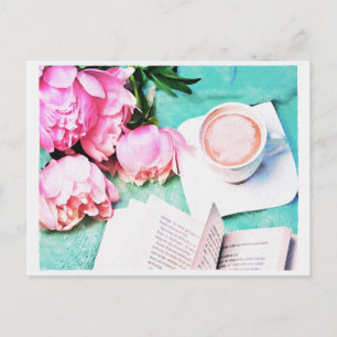 Pink Floral Peony Cosy Latte Watercolor Postcard