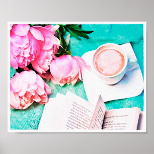 Pink Floral Peony Cosy Latte Watercolor Poster