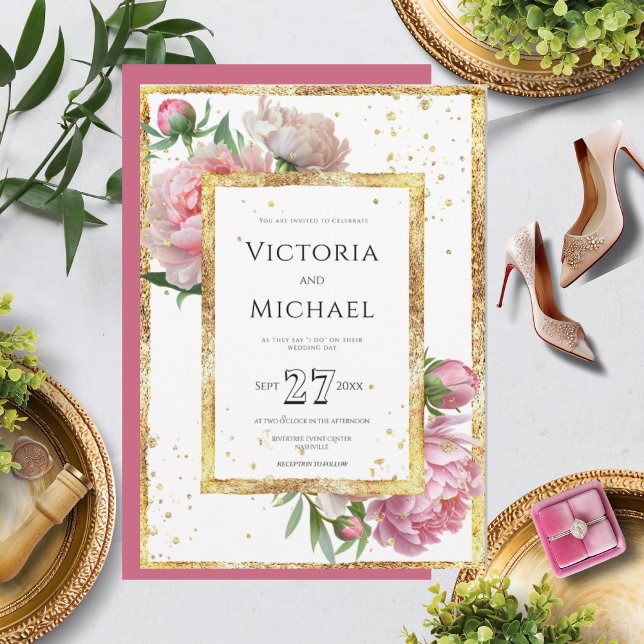 Pink Floral Peony Elegant Gold Wedding Invitation (Creator Uploaded)