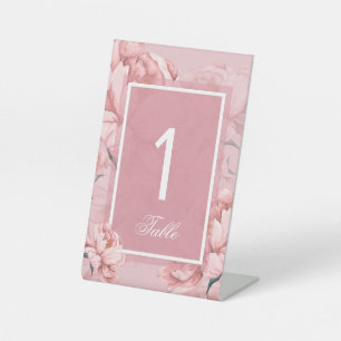 Pink floral peony flower table number sign