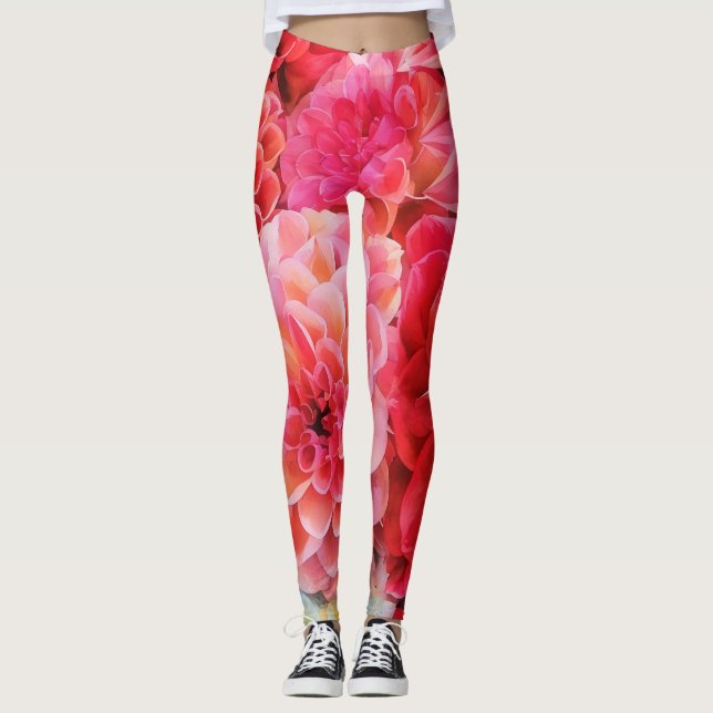 Pink Floral Peony Flowers Art Leggings (Front)