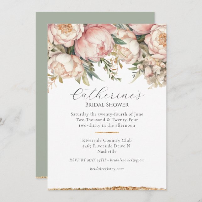 Pink Floral Peony Green Bridal Shower Invitation (Front/Back)