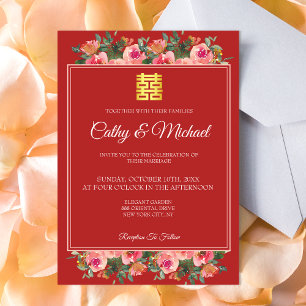 Pink floral peony red modern chinese wedding invitation