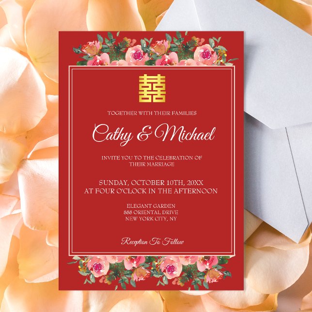 Pink floral peony red modern chinese wedding invitation (Creator Uploaded)