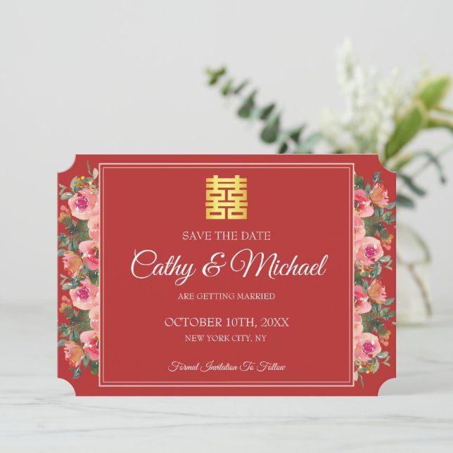 Pink floral peony red modern chinese wedding save the date (Standing Front)