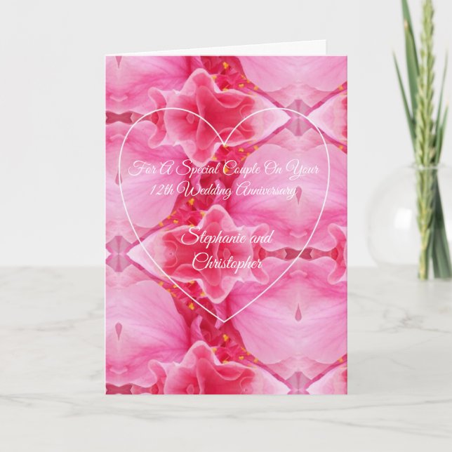 Pink Floral Personalised 12th Wedding Anniversary Card (Front)