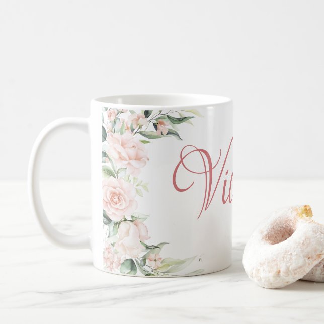 Pink Floral Personalised  Coffee Mug (With Donut)