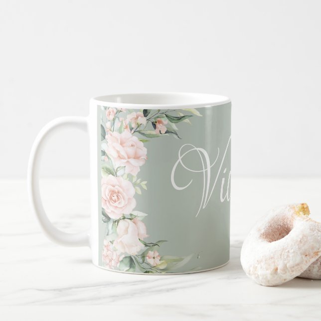 Pink Floral Personalised  Coffee Mug (With Donut)