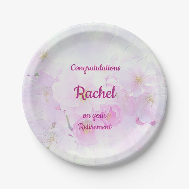 Pink Floral Personalised design Retirement Paper Plate (Front)