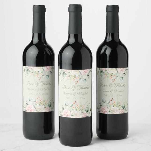 Pink Floral Personalised Elegant Wedding Wine Label (Bottles)
