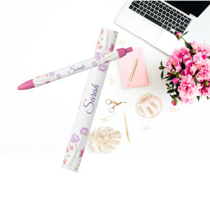 Pink Floral Personalised Name Black Ink Pen