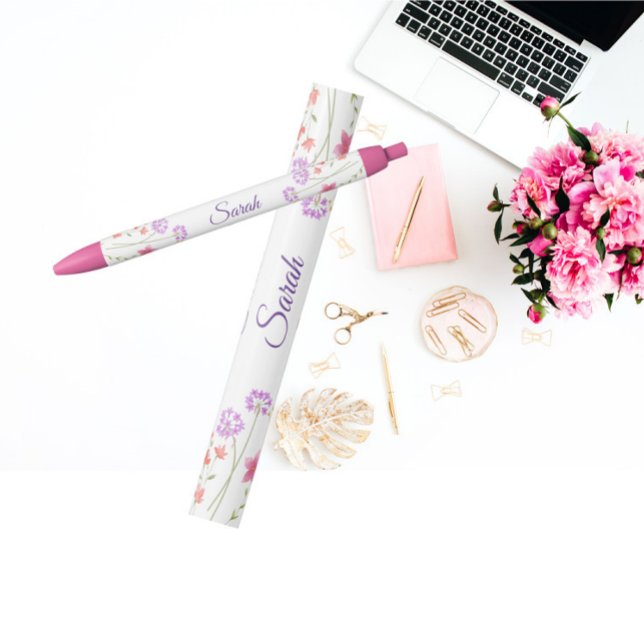 Pink Floral Personalised Name Black Ink Pen (Creator Uploaded)