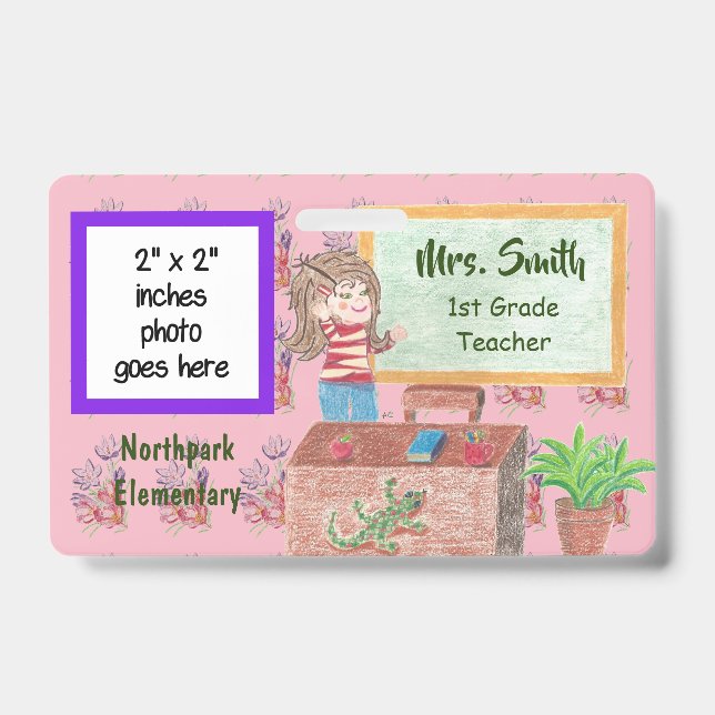 Pink floral personalised teacher badge ID badge (Front)