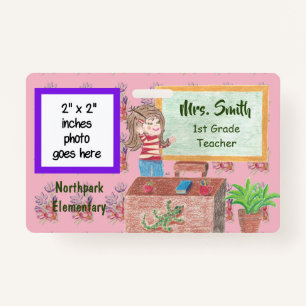 Pink floral personalised teacher badge ID badge