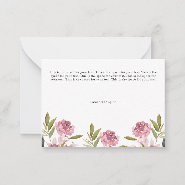 Pink Floral Personalized Flat Note Cards (Front)