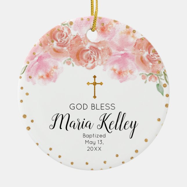 Pink Floral Personalized Girl Baptism Ornament (Front)