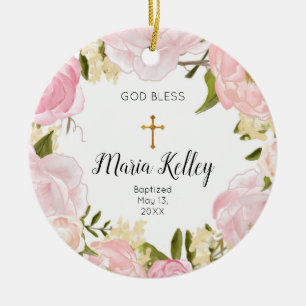 Pink Floral Personalized Girl Baptism Ornament